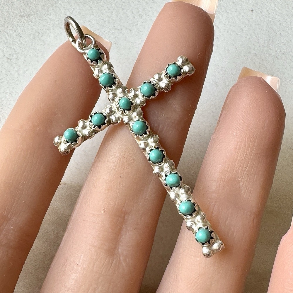 Native American Cross Pendant Zuni Sleeping Beauty Turquoise Sterling Silver 2in